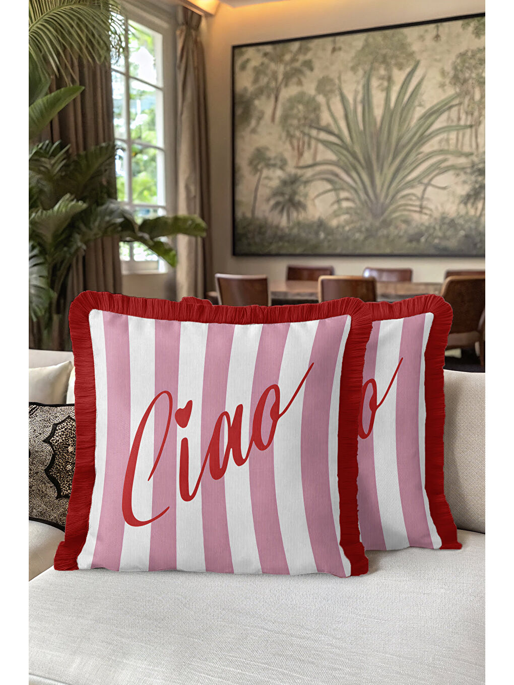 Karışık Çizgili Saçaklı Yastık Kılıfı - Romantik Vintage Pembe Kırmızı Püsküllü Kırlent Kılıfı-5
