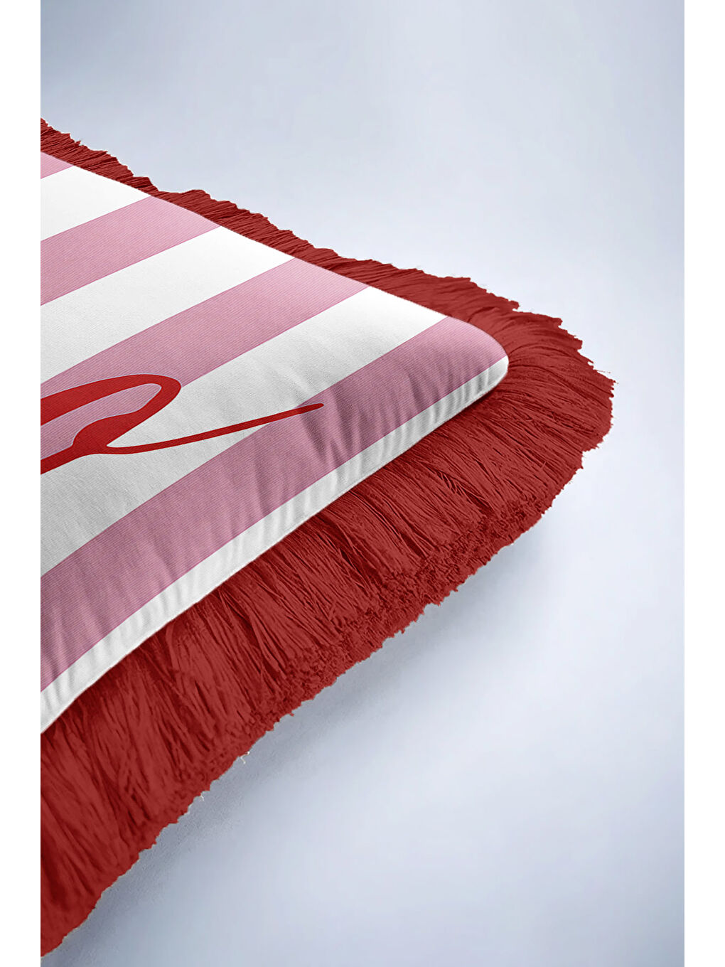 Karışık Çizgili Saçaklı Yastık Kılıfı - Romantik Vintage Pembe Kırmızı Püsküllü Kırlent Kılıfı-6