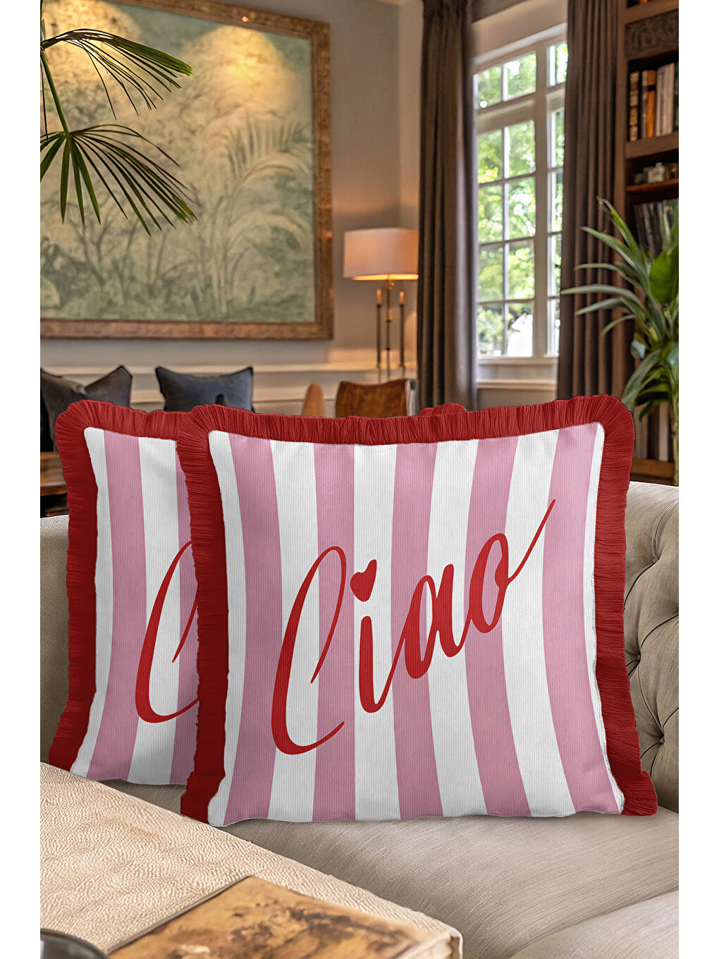 Karışık Çizgili Saçaklı Yastık Kılıfı - Romantik Vintage Pembe Kırmızı Püsküllü Kırlent Kılıfı-7