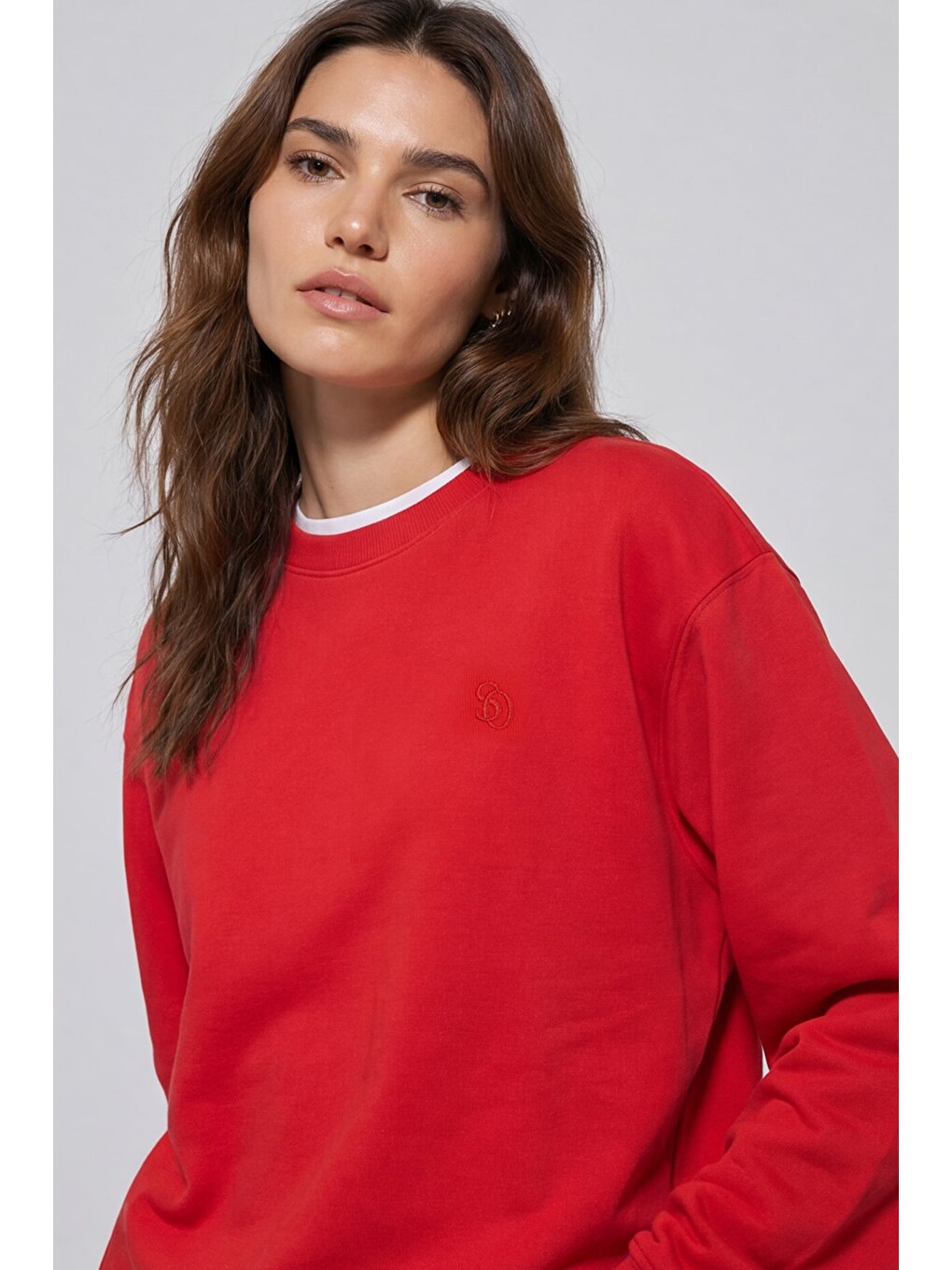 Unisex Kırmızı Regular Fit %100 Pamuk Bisiklet Yaka Sweatshirt-2