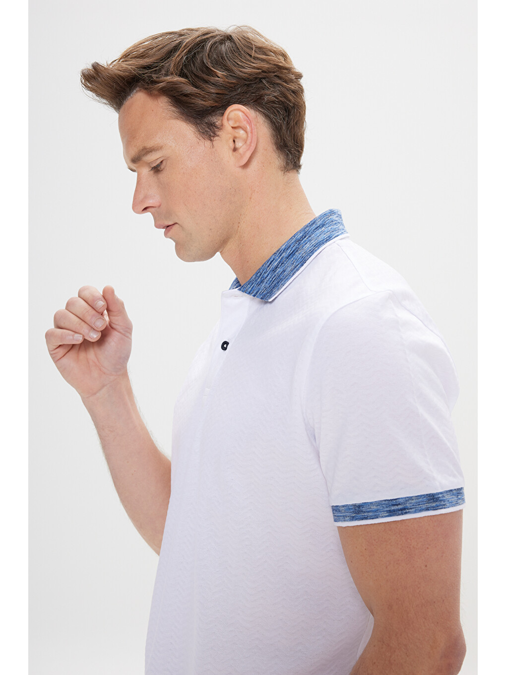 Erkek Beyaz-Lacivert Slim Fit Dar Kesim %100 Pamuk Jakarlı Polo Yaka Tişört-3