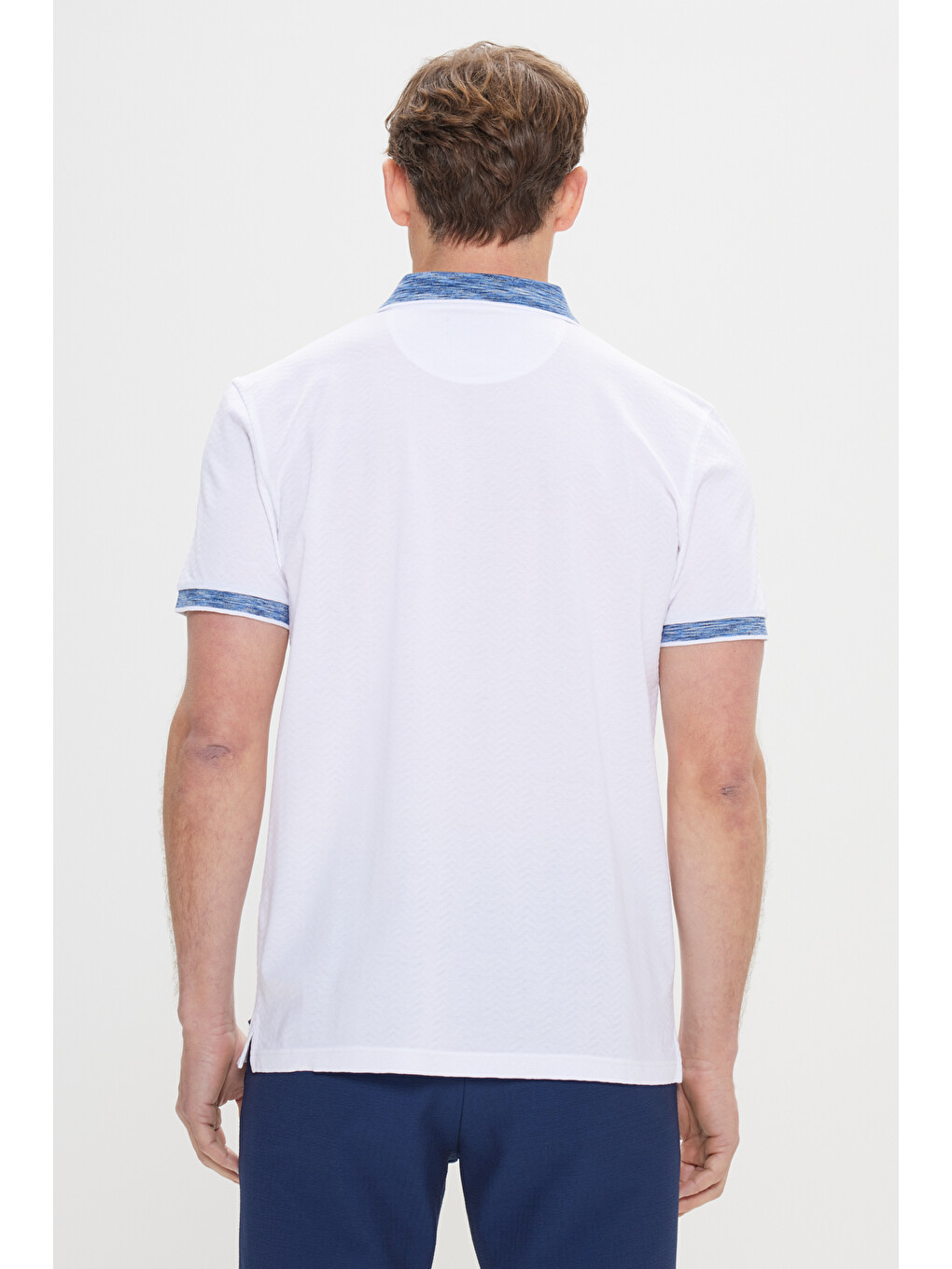 Erkek Beyaz-Lacivert Slim Fit Dar Kesim %100 Pamuk Jakarlı Polo Yaka Tişört-4