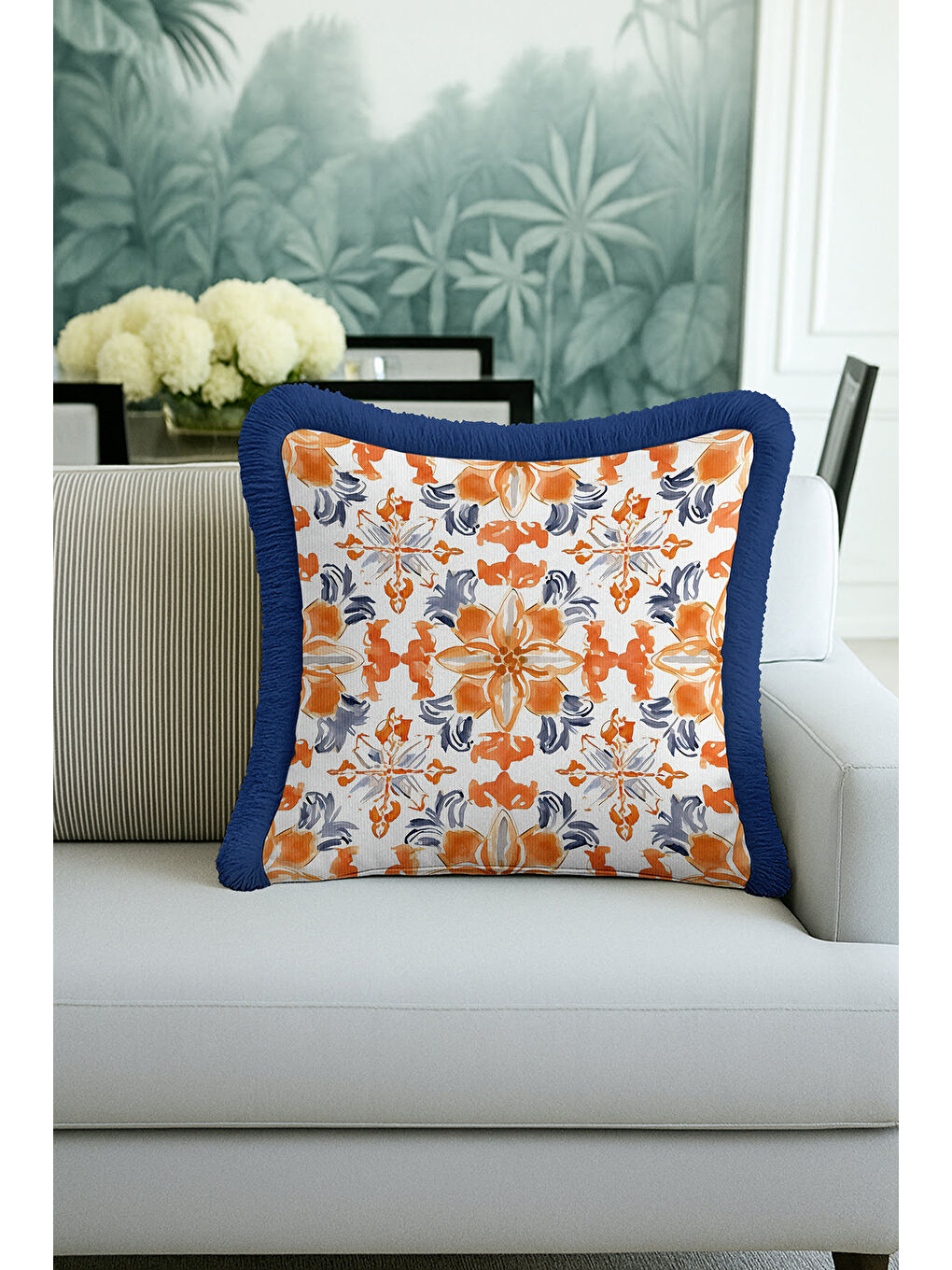 Karışık Lüks Çini Motifli Saçaklı Yastık Kılıfı - Ege Esintili Modern Turuncu Mavi Püsküllü Kırlent Kılıfı