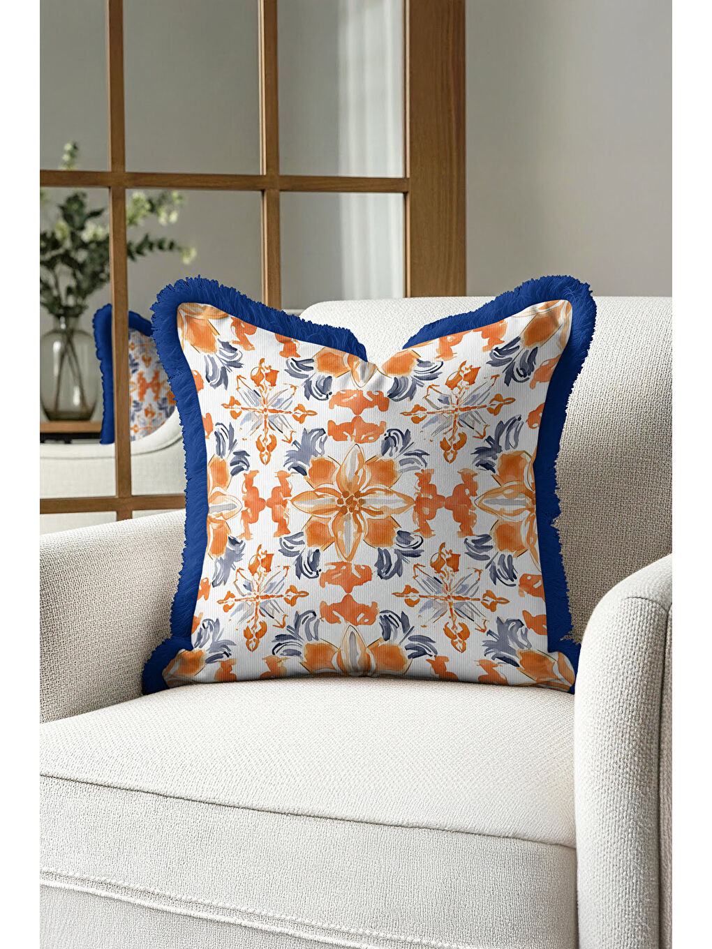 Karışık Lüks Çini Motifli Saçaklı Yastık Kılıfı - Ege Esintili Modern Turuncu Mavi Püsküllü Kırlent Kılıfı-1