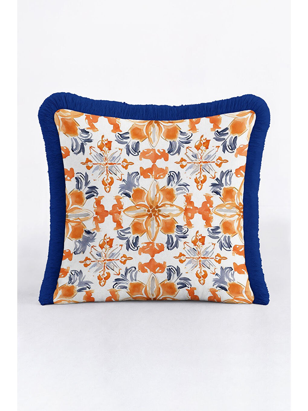 Karışık Lüks Çini Motifli Saçaklı Yastık Kılıfı - Ege Esintili Modern Turuncu Mavi Püsküllü Kırlent Kılıfı-2