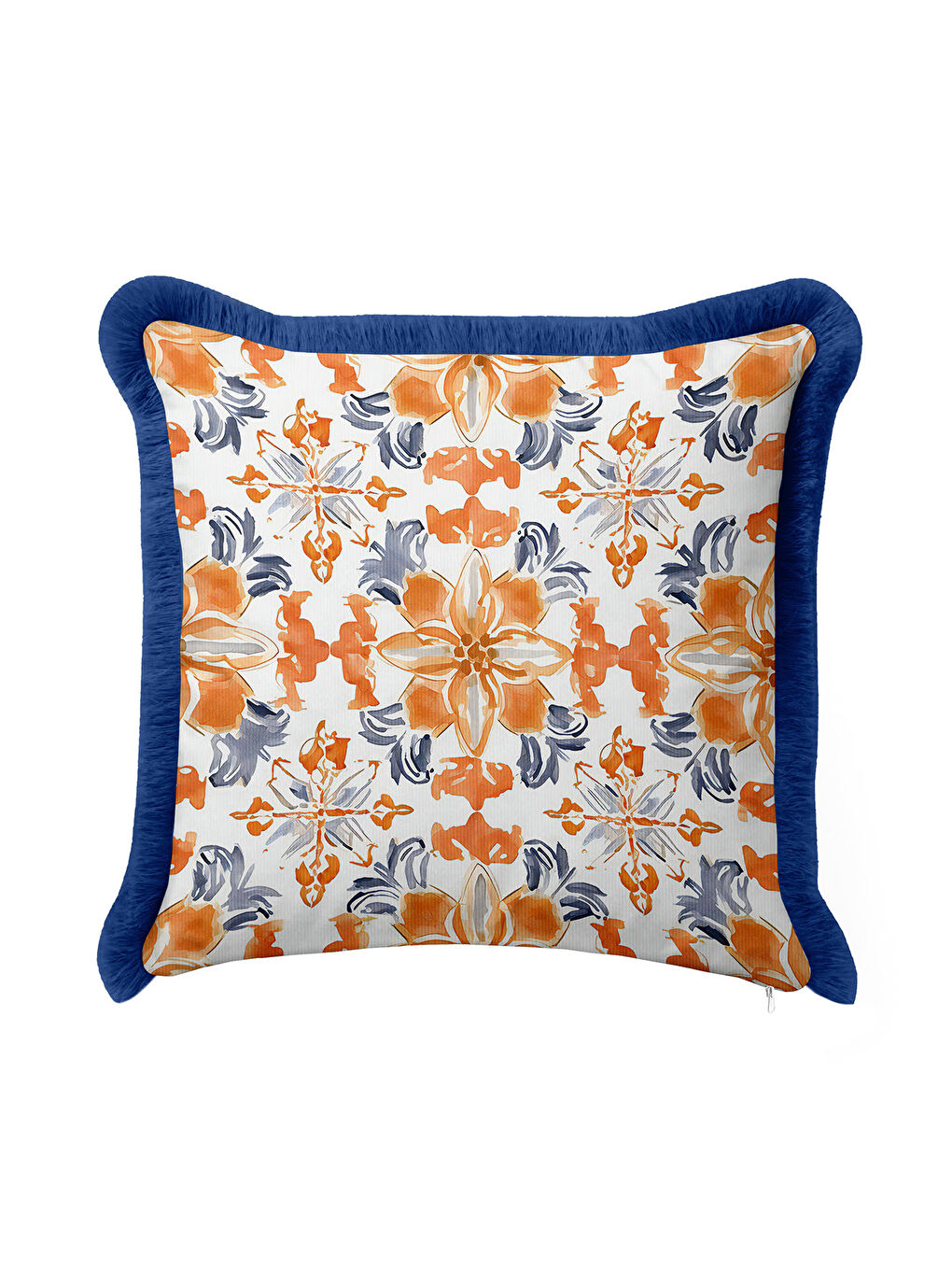 Karışık Lüks Çini Motifli Saçaklı Yastık Kılıfı - Ege Esintili Modern Turuncu Mavi Püsküllü Kırlent Kılıfı-3