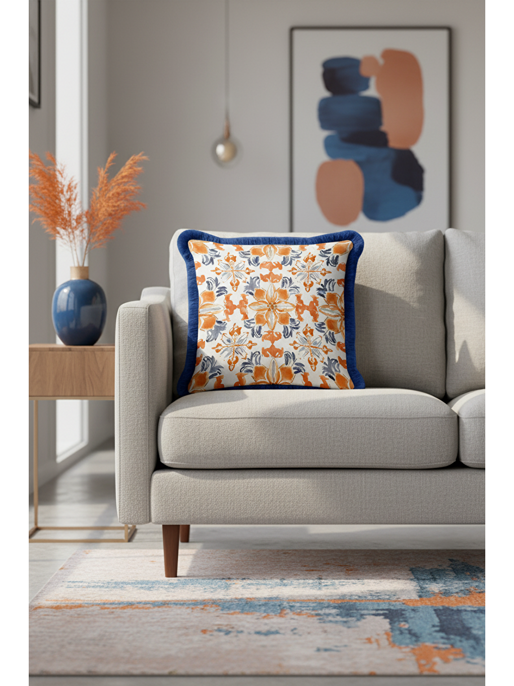 Karışık Lüks Çini Motifli Saçaklı Yastık Kılıfı - Ege Esintili Modern Turuncu Mavi Püsküllü Kırlent Kılıfı-4