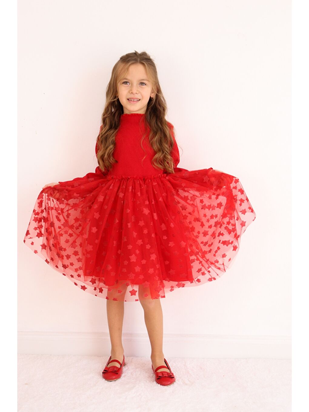 Kırmızı Yıldız Baskılı Tül Etekli Kız Çocuk Elbise - Karen-1