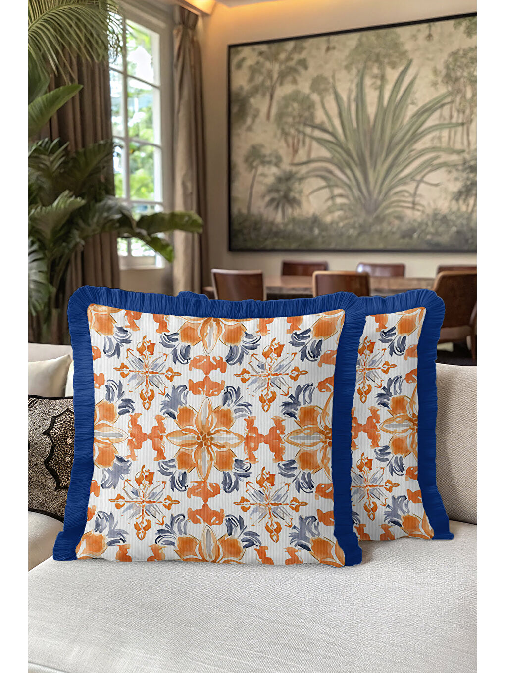 Karışık Lüks Çini Motifli Saçaklı Yastık Kılıfı - Ege Esintili Modern Turuncu Mavi Püsküllü Kırlent Kılıfı-5