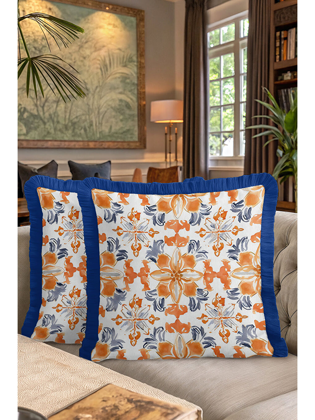 Karışık Lüks Çini Motifli Saçaklı Yastık Kılıfı - Ege Esintili Modern Turuncu Mavi Püsküllü Kırlent Kılıfı-7