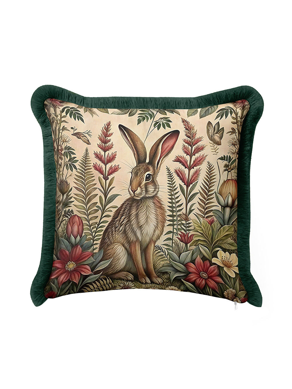 Karışık Vintage Orman Tavşanlı Saçaklı Yastık Kılıfı - Doğal Botanik Rustik Yeşil Püsküllü Kırlent Kılıfı