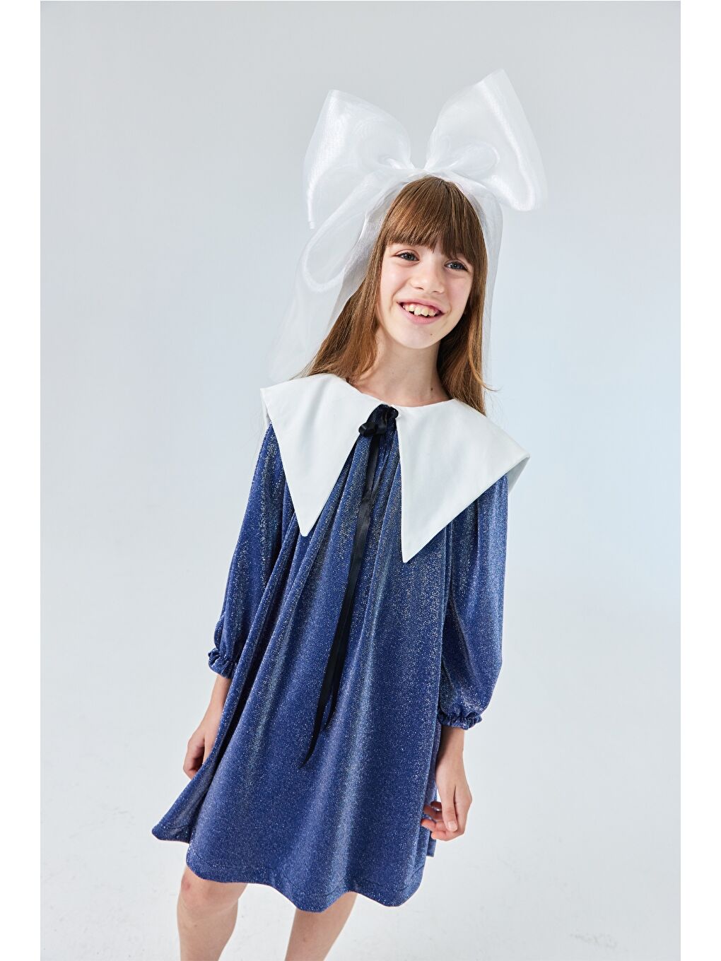 Lacivert Uzun Kollu Yaka Detaylı Simli Kız Çocuk Elbise - Maya-1