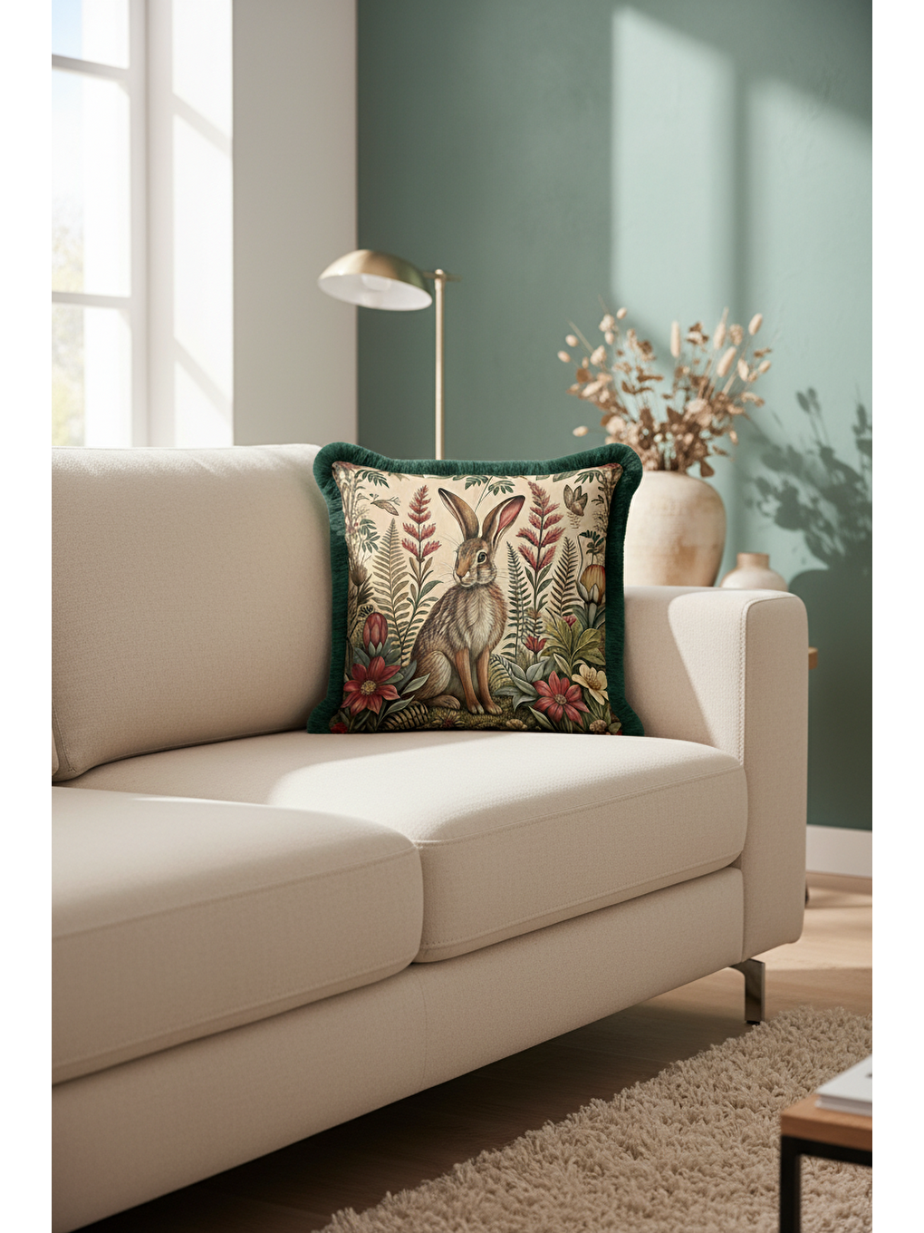 Karışık Vintage Orman Tavşanlı Saçaklı Yastık Kılıfı - Doğal Botanik Rustik Yeşil Püsküllü Kırlent Kılıfı-1