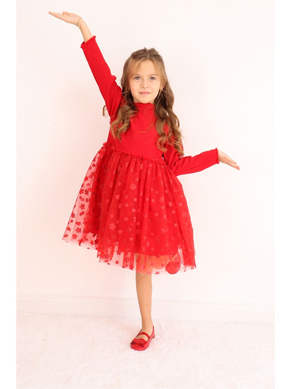 Kırmızı Yıldız Baskılı Tül Etekli Kız Çocuk Elbise - Karen-3