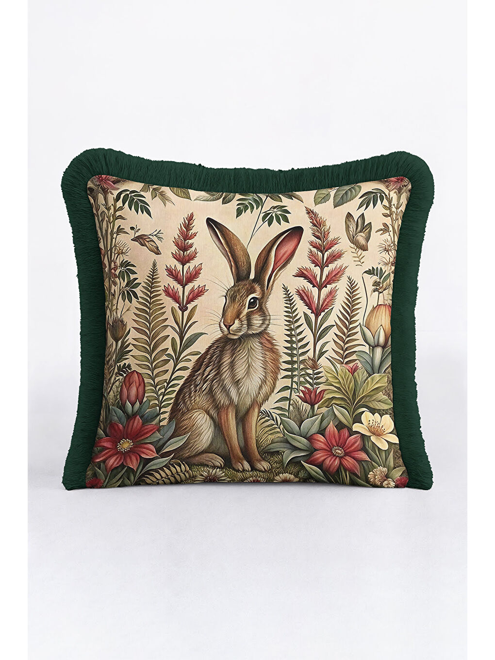 Karışık Vintage Orman Tavşanlı Saçaklı Yastık Kılıfı - Doğal Botanik Rustik Yeşil Püsküllü Kırlent Kılıfı-2