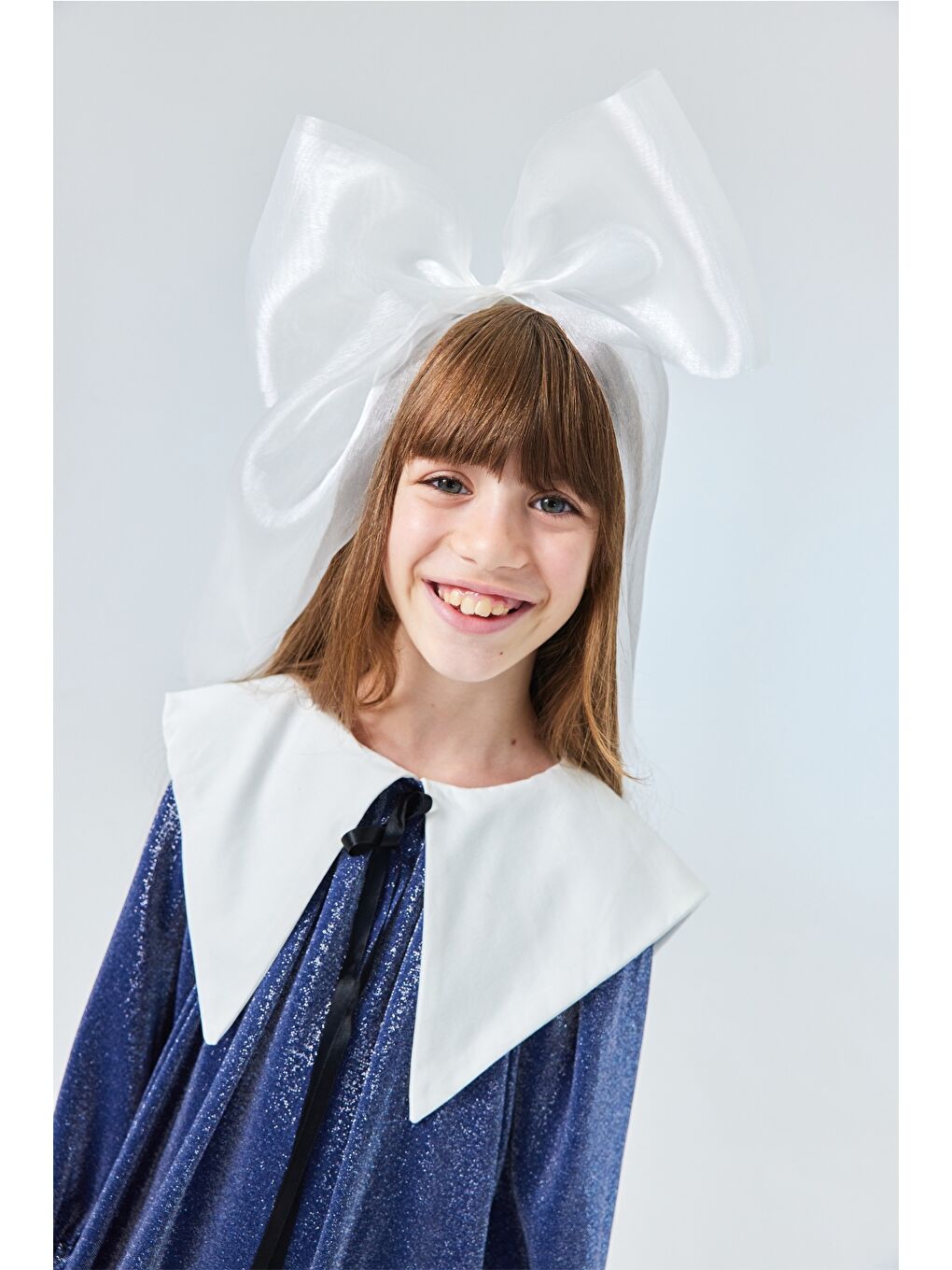 Lacivert Uzun Kollu Yaka Detaylı Simli Kız Çocuk Elbise - Maya-2