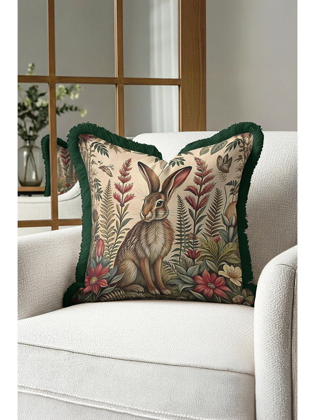 Karışık Vintage Orman Tavşanlı Saçaklı Yastık Kılıfı - Doğal Botanik Rustik Yeşil Püsküllü Kırlent Kılıfı-3