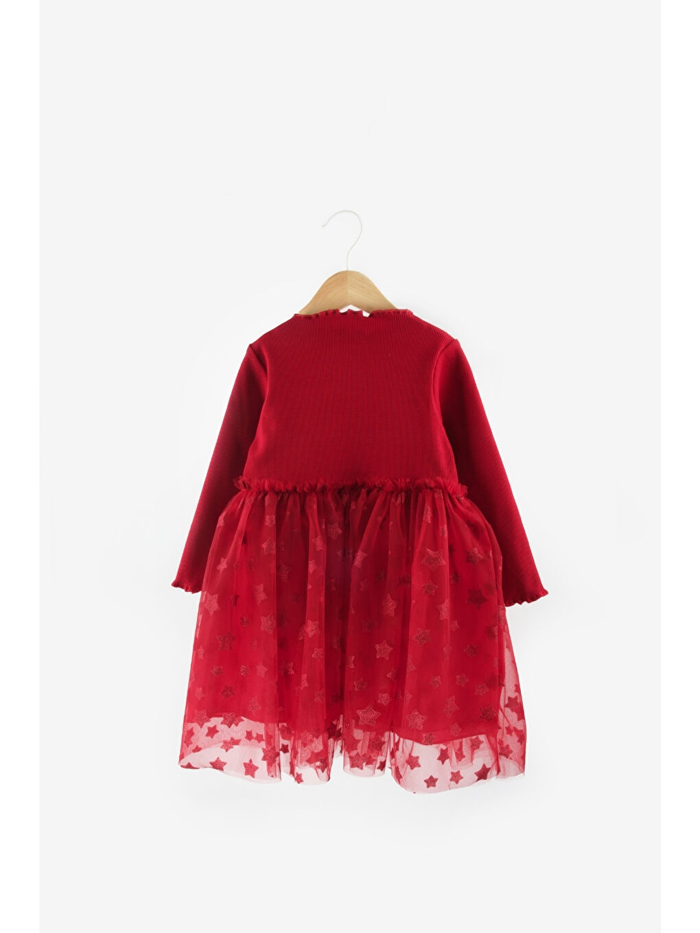 Kırmızı Yıldız Baskılı Tül Etekli Kız Çocuk Elbise - Karen-4
