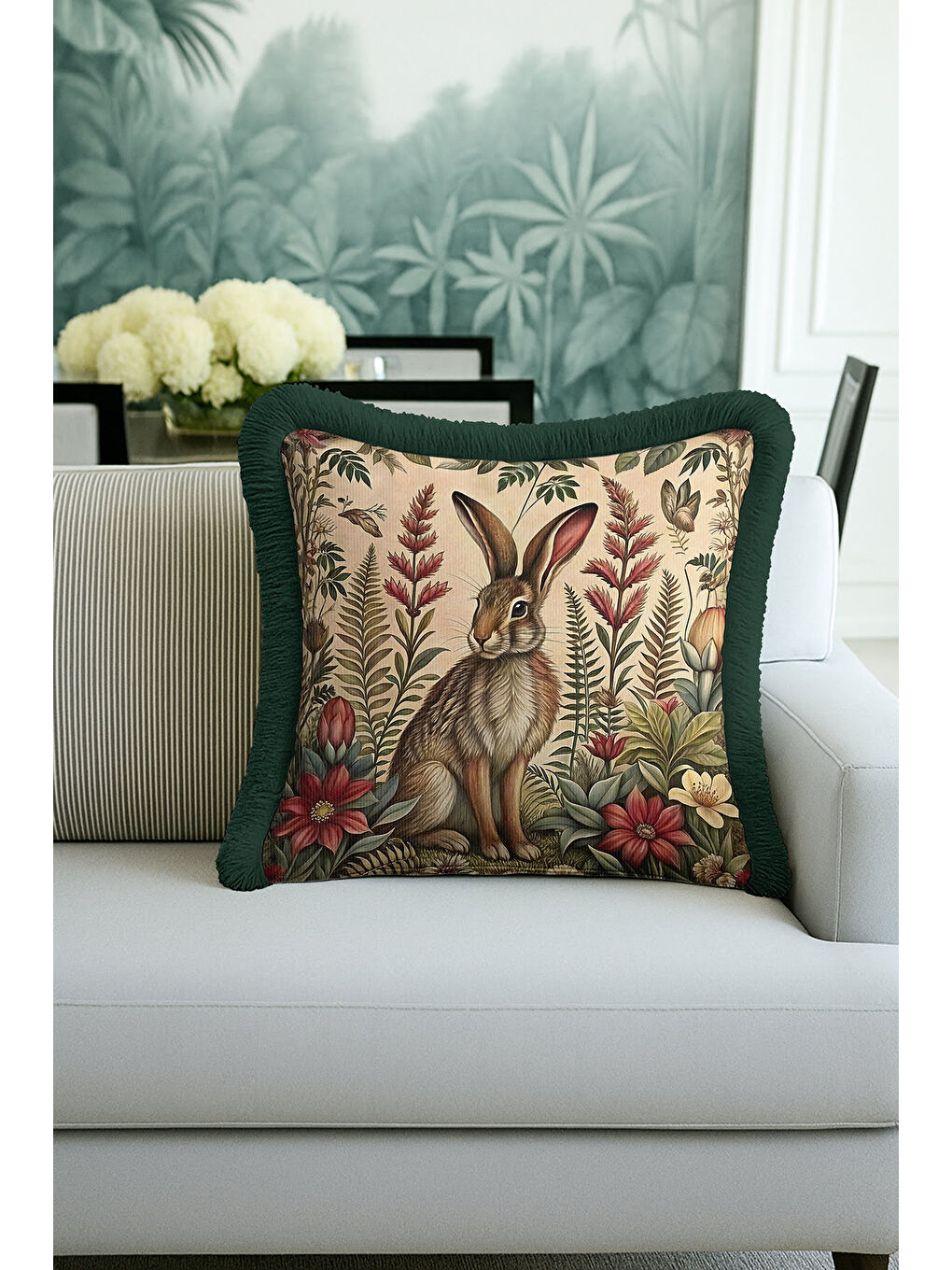 Karışık Vintage Orman Tavşanlı Saçaklı Yastık Kılıfı - Doğal Botanik Rustik Yeşil Püsküllü Kırlent Kılıfı-4