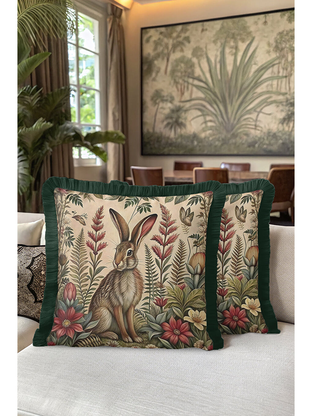 Karışık Vintage Orman Tavşanlı Saçaklı Yastık Kılıfı - Doğal Botanik Rustik Yeşil Püsküllü Kırlent Kılıfı-5