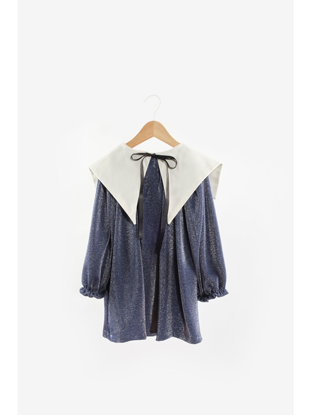 Lacivert Uzun Kollu Yaka Detaylı Simli Kız Çocuk Elbise - Maya-4