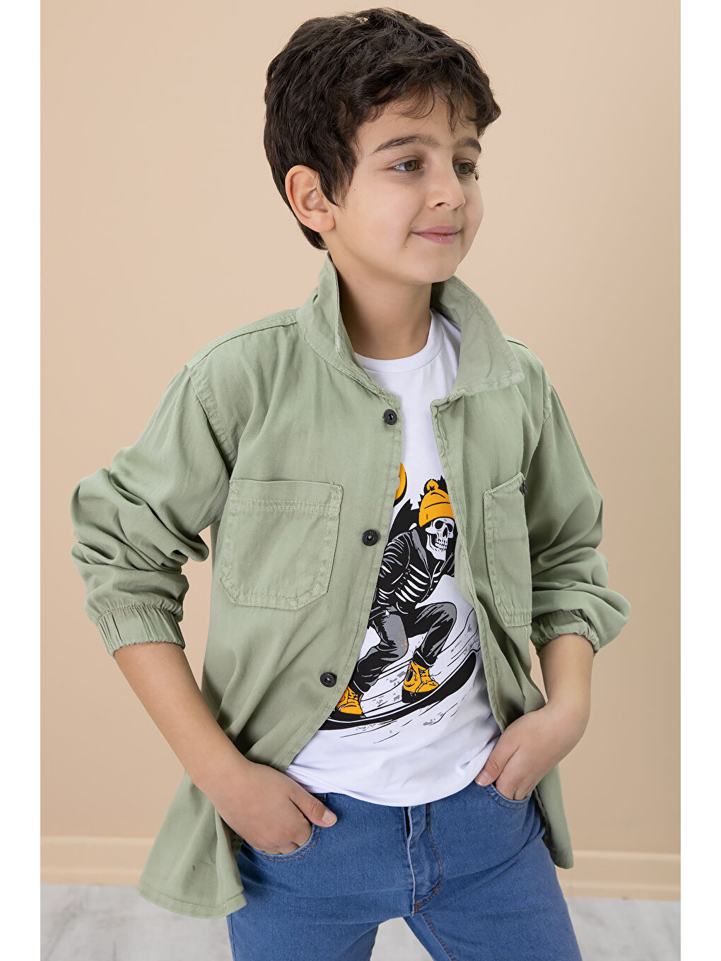 Yeşil Gömlek ve Baskılı Tişörtlü Erkek Çocuk 2li Takım 19989-1