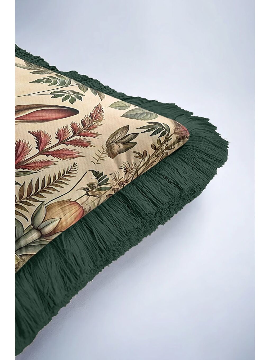 Karışık Vintage Orman Tavşanlı Saçaklı Yastık Kılıfı - Doğal Botanik Rustik Yeşil Püsküllü Kırlent Kılıfı-6