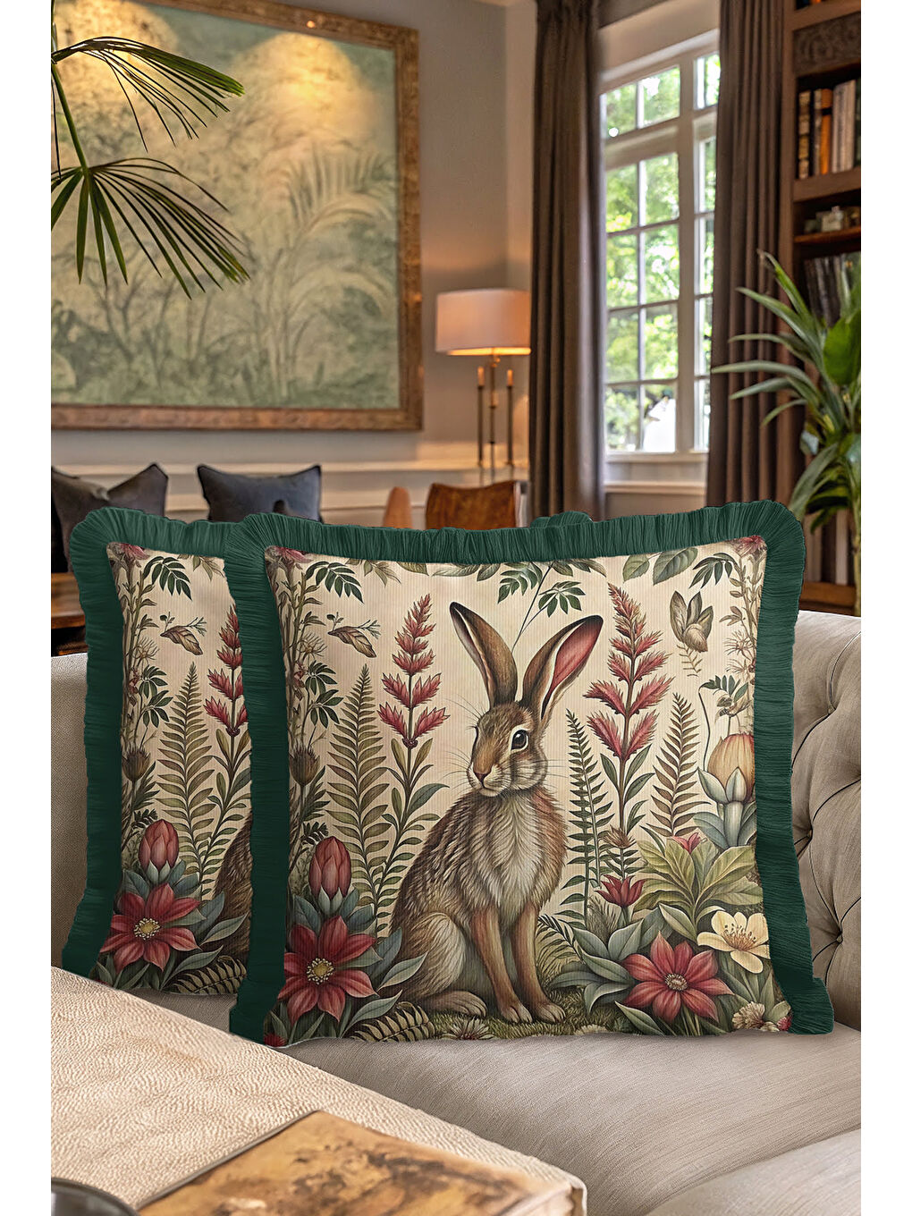 Karışık Vintage Orman Tavşanlı Saçaklı Yastık Kılıfı - Doğal Botanik Rustik Yeşil Püsküllü Kırlent Kılıfı-7