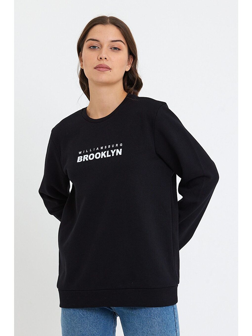 Siyah Kadın Bisiklet Yaka Rahat Kalıp 3 iplik Kalın Brooklyn Baskılı Sweatshirt SPR24swk29-2