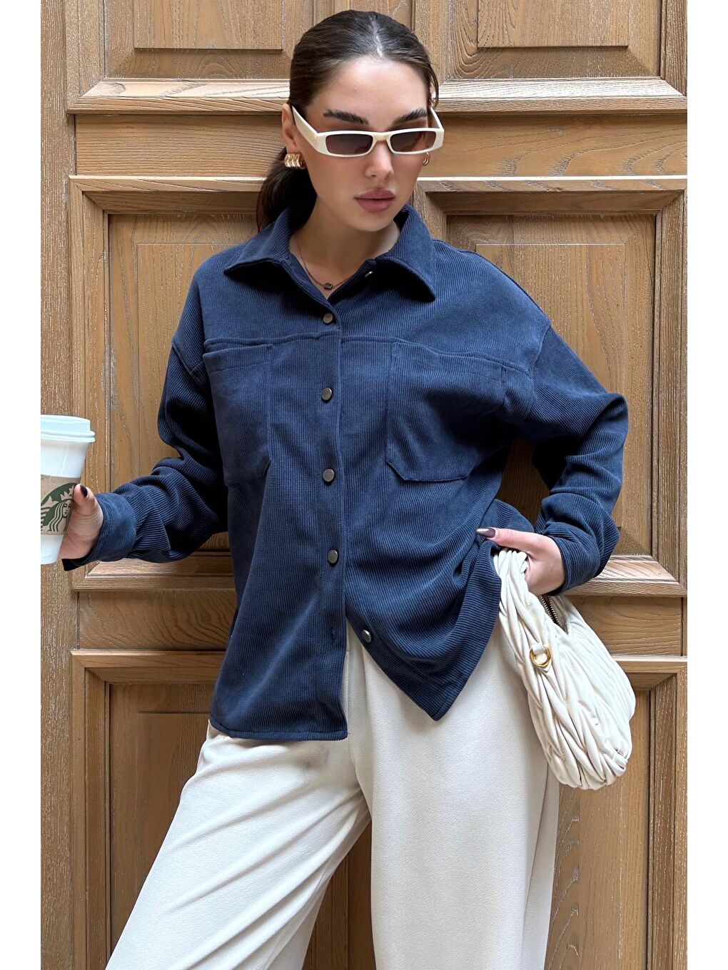 Lacivert Cep Detaylı Kadın Gömlek Mg2241-1