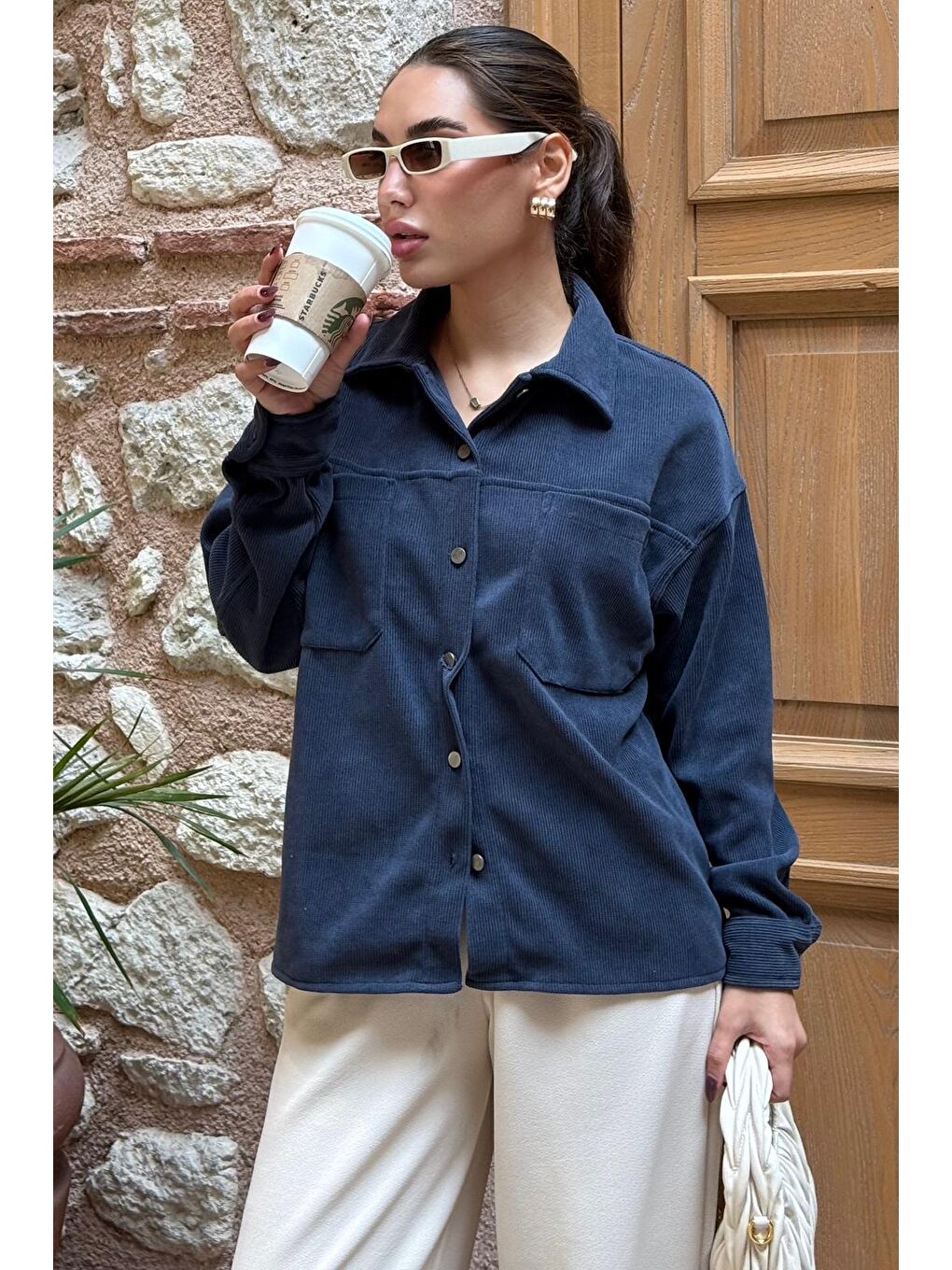 Lacivert Cep Detaylı Kadın Gömlek Mg2241-2