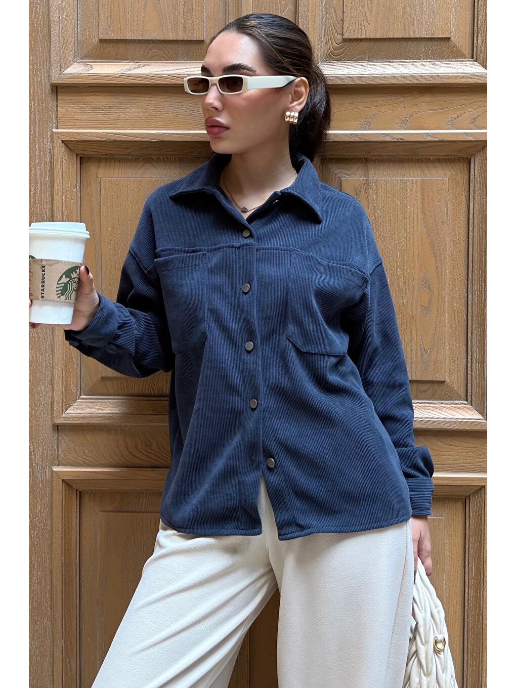 Lacivert Cep Detaylı Kadın Gömlek Mg2241-3