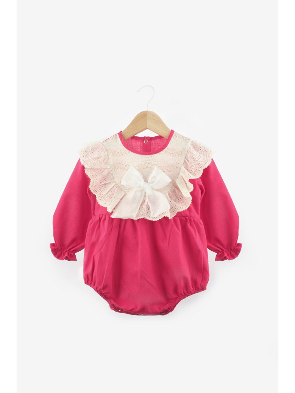 Fuşya Fisto Yakalı Keten Kız Bebek Romper - Tallis