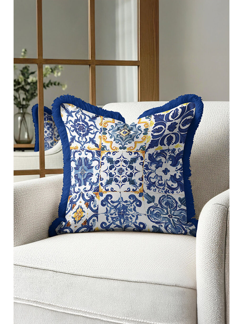 Karışık Barok Lüks Mavi Saçaklı Yastık Kılıfı - Akdeniz Country Altın Renkli Püsküllü Kırlent Kılıfı