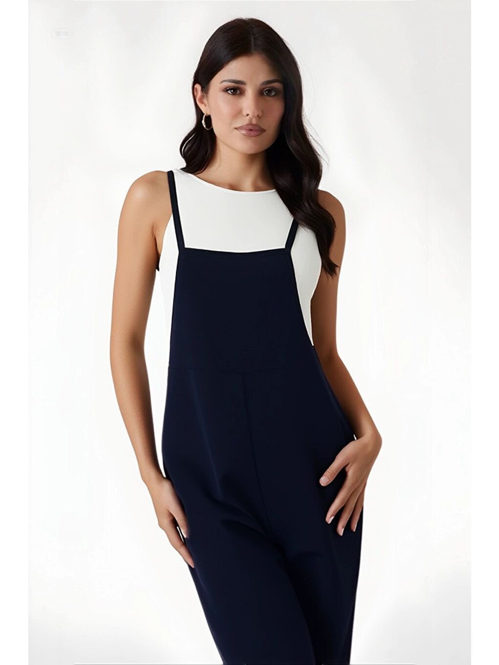 Kadın Lacivert Ayarlanabilir Askılı Cepli Bol Paça Bahçıvan Tulum HZL22S-BD170191-1