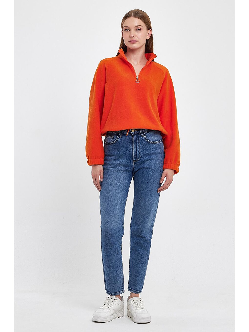 Turuncu Kadın Rahat Kalıp Softech Polar Yarım Fermuarlı Sweatshırt spr24pwk99-2