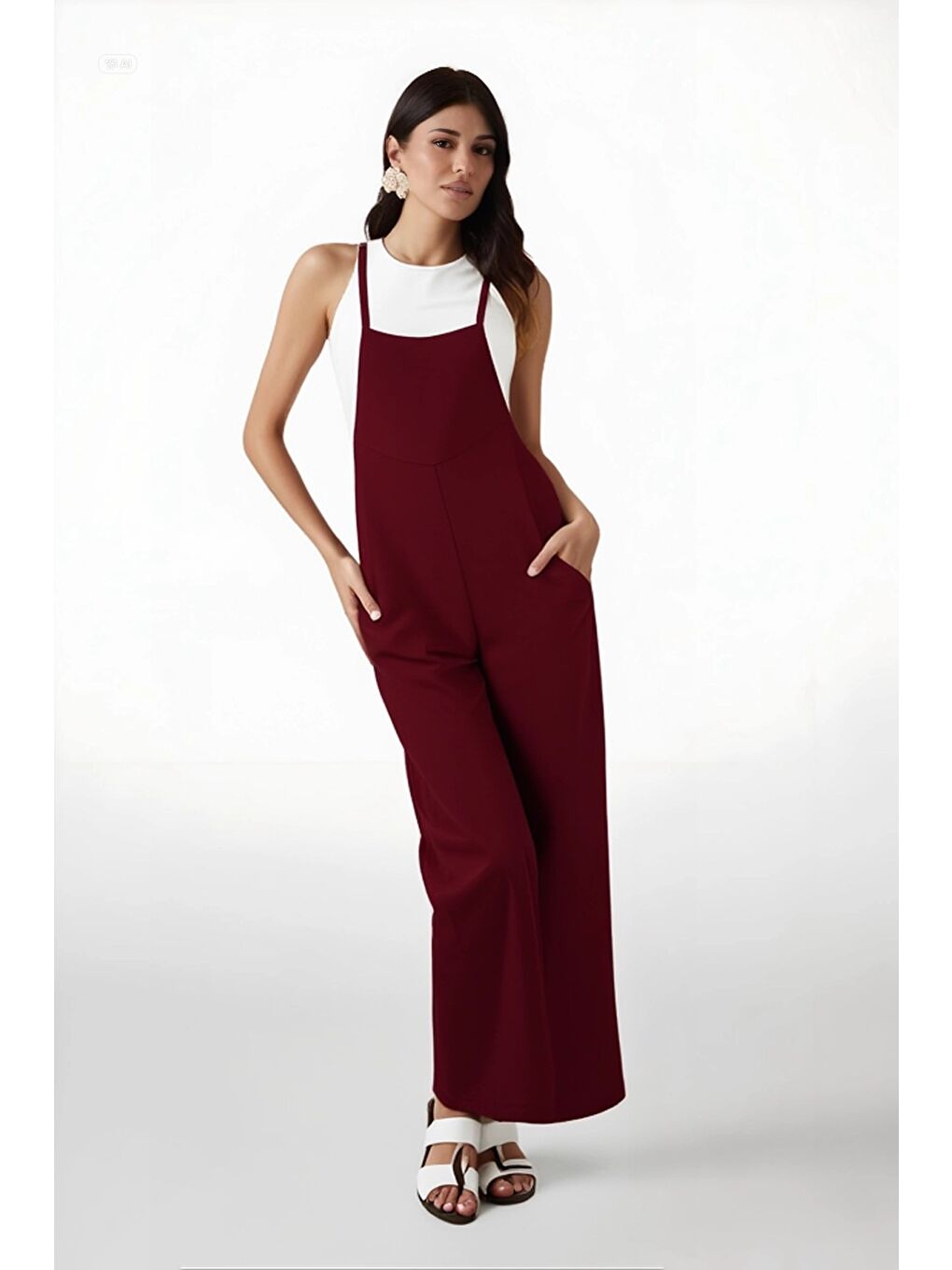 Kadın Bordo Ayarlanabilir Askılı Cepli Bol Paça Bahçıvan Tulum Hzl22s-bd170191-1