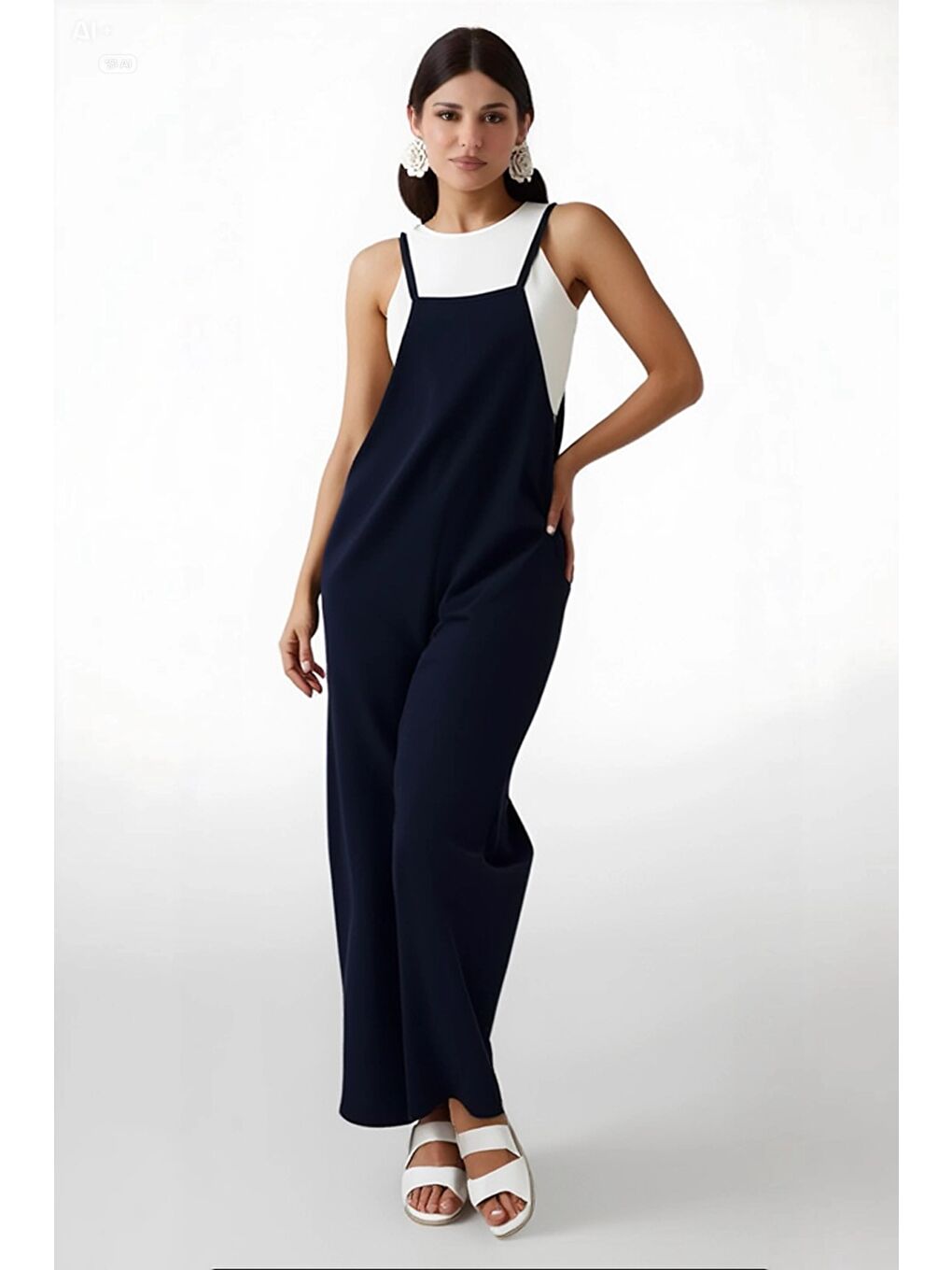 Kadın Lacivert Ayarlanabilir Askılı Cepli Bol Paça Bahçıvan Tulum HZL22S-BD170191-2