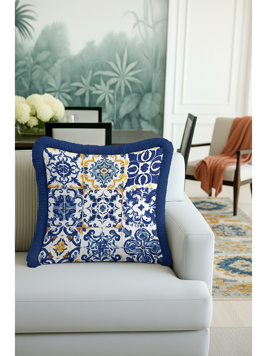 Karışık Barok Lüks Mavi Saçaklı Yastık Kılıfı - Akdeniz Country Altın Renkli Püsküllü Kırlent Kılıfı-1