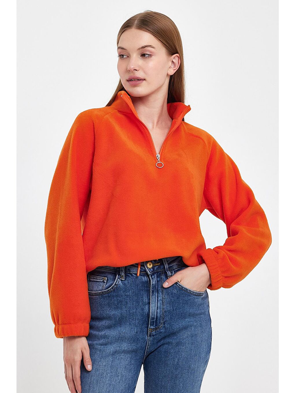 Turuncu Kadın Rahat Kalıp Softech Polar Yarım Fermuarlı Sweatshırt spr24pwk99-3