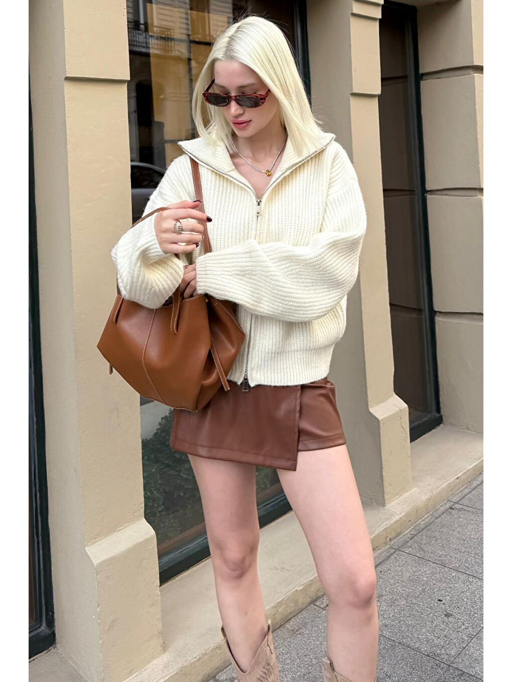 Ekru Fermuarlı Kadın Triko Hırka Mg2532-8