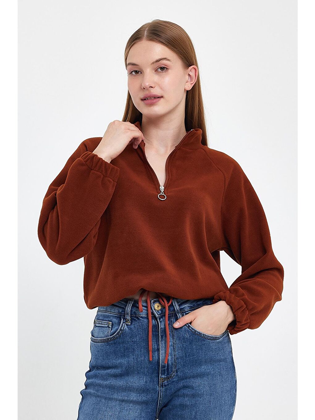Kahverengi Kadın Rahat Kalıp Softech Polar Yarım Fermuarlı Sweatshırt spr24pwk99-3