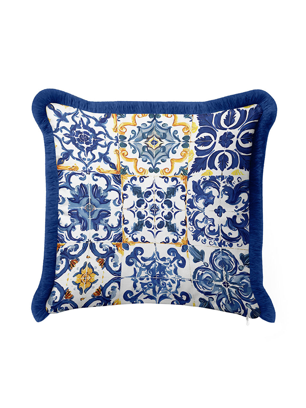 Karışık Barok Lüks Mavi Saçaklı Yastık Kılıfı - Akdeniz Country Altın Renkli Püsküllü Kırlent Kılıfı-2