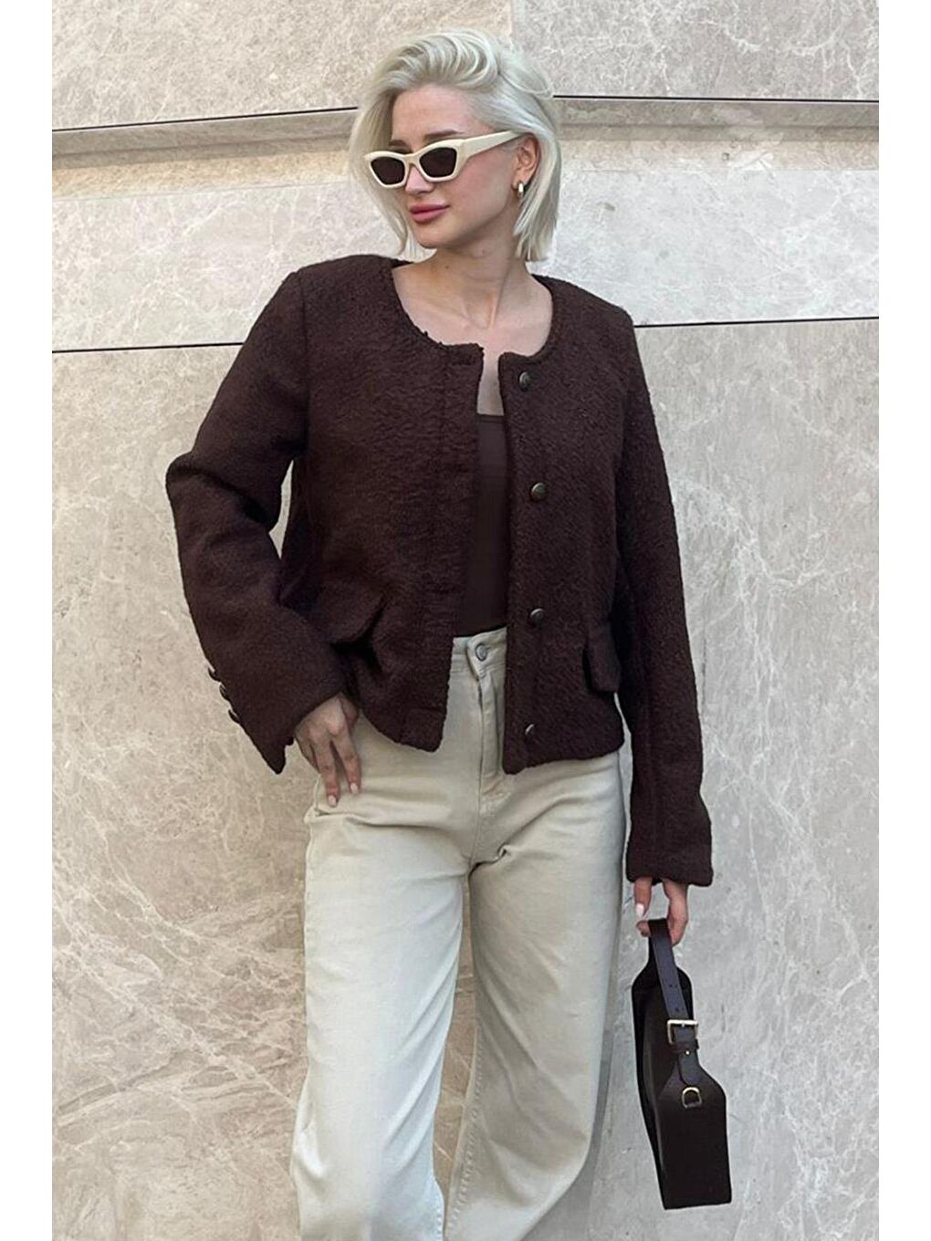 Kahverengi Düğmeli Buklet Triko Cep Detaylı Ceket Mg2170