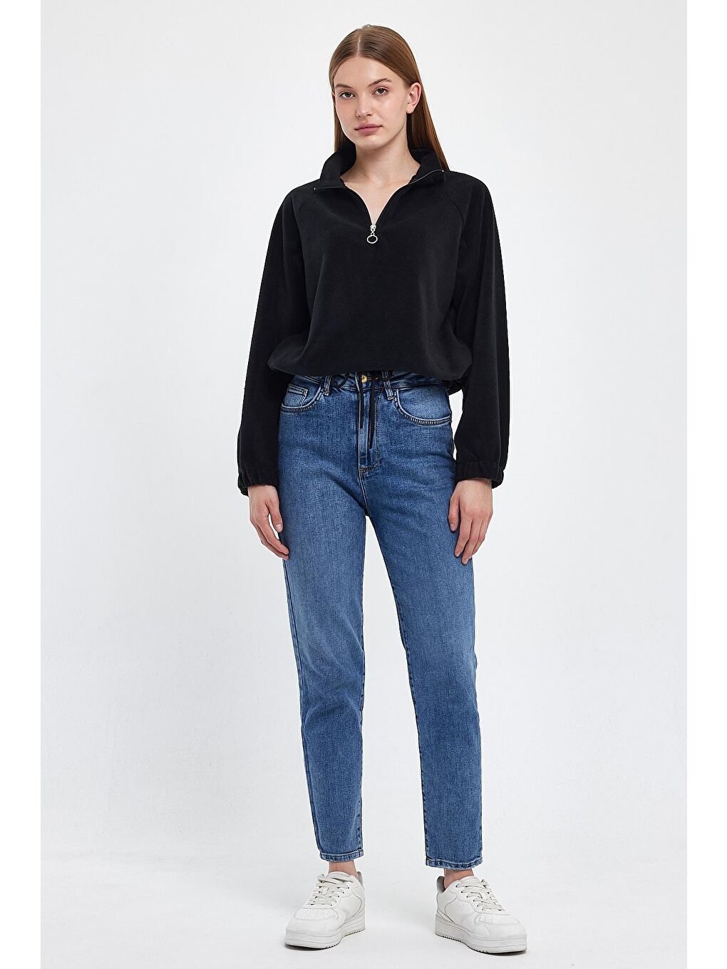 Siyah Kadın Rahat Kalıp Softech Polar Yarım Fermuarlı Sweatshırt spr24pwk99-2