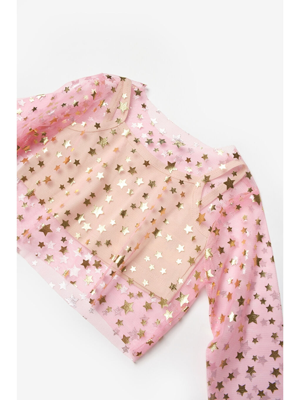 Pembe Uzun Kollu Yıldızlı Kız Çocuk Tül Crop-2