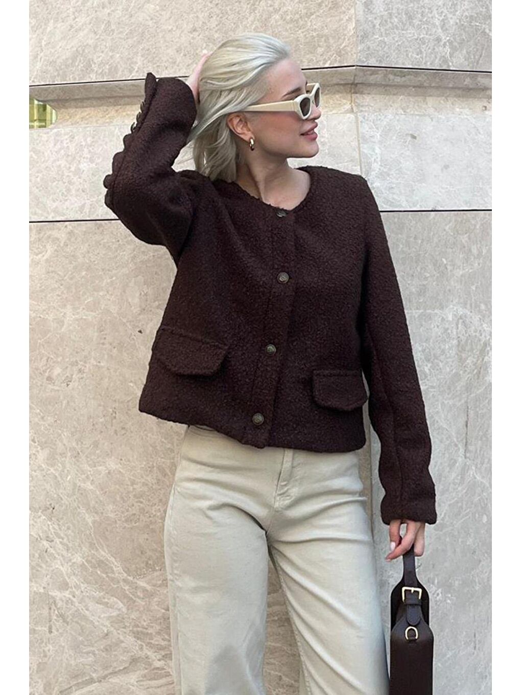 Kahverengi Düğmeli Buklet Triko Cep Detaylı Ceket Mg2170-2
