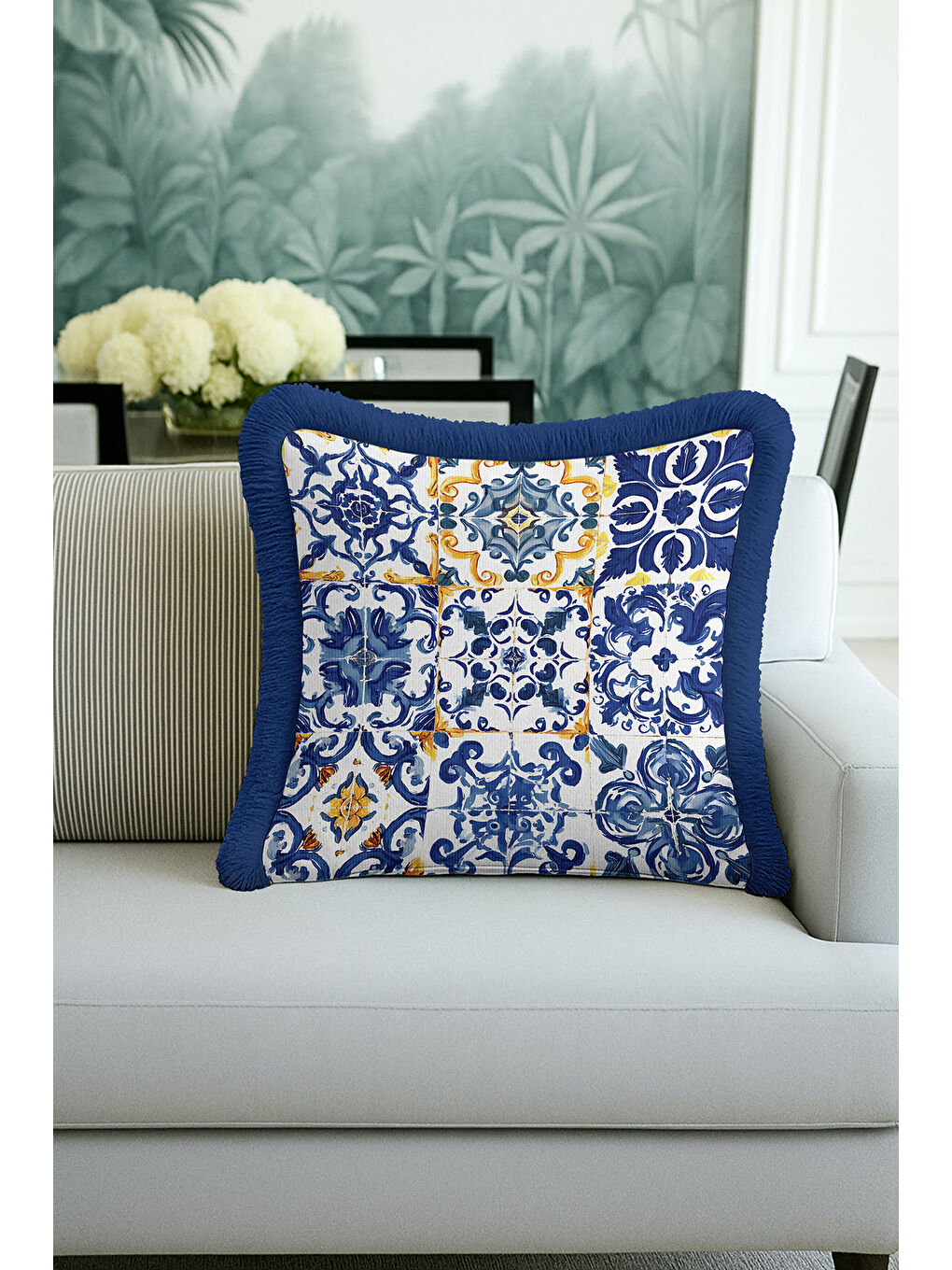 Karışık Barok Lüks Mavi Saçaklı Yastık Kılıfı - Akdeniz Country Altın Renkli Püsküllü Kırlent Kılıfı-3