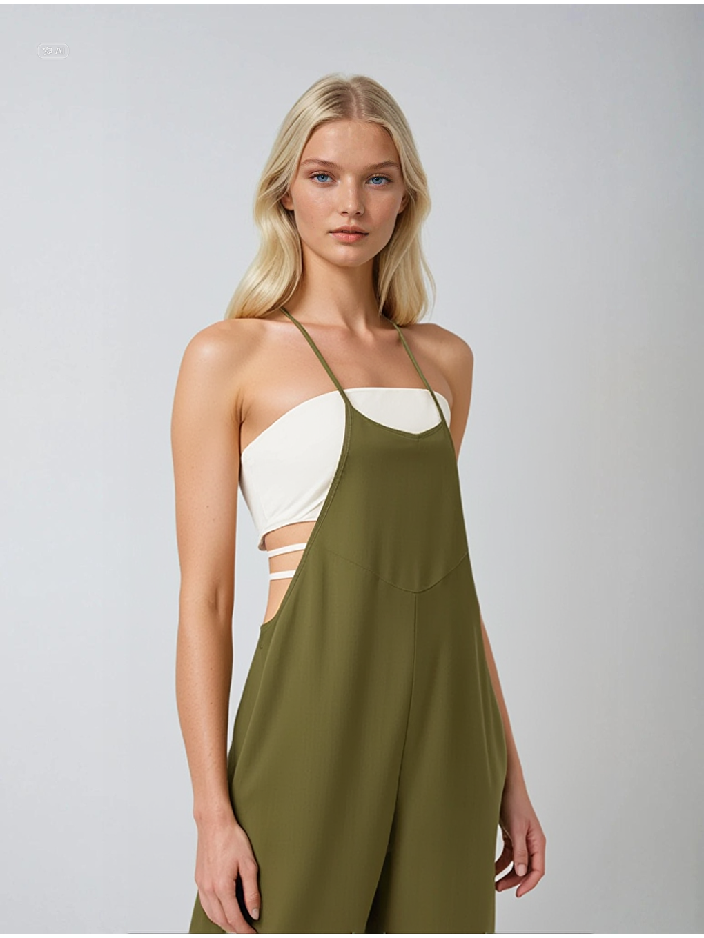 Kadın Haki Ayarlanabilir Askılı Cepli Bol Paça Bahçıvan Tulum HZL22S-BD170191-1