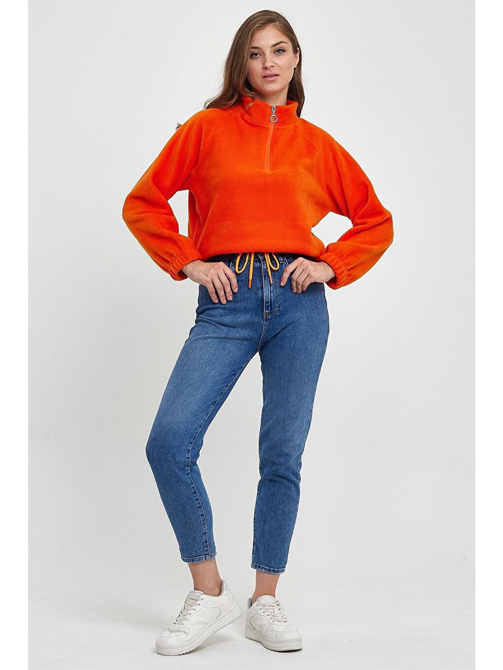 Turuncu Kadın Rahat Kalıp Softech Polar Yarım Fermuarlı Sweatshırt spr24pwk99-4